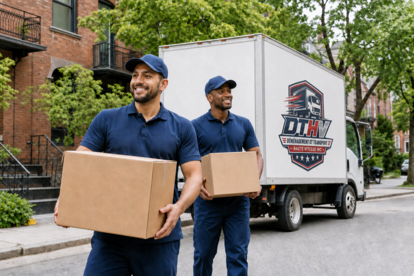 Deux déménageurs DTHV transportent des boîtes devant un camion
